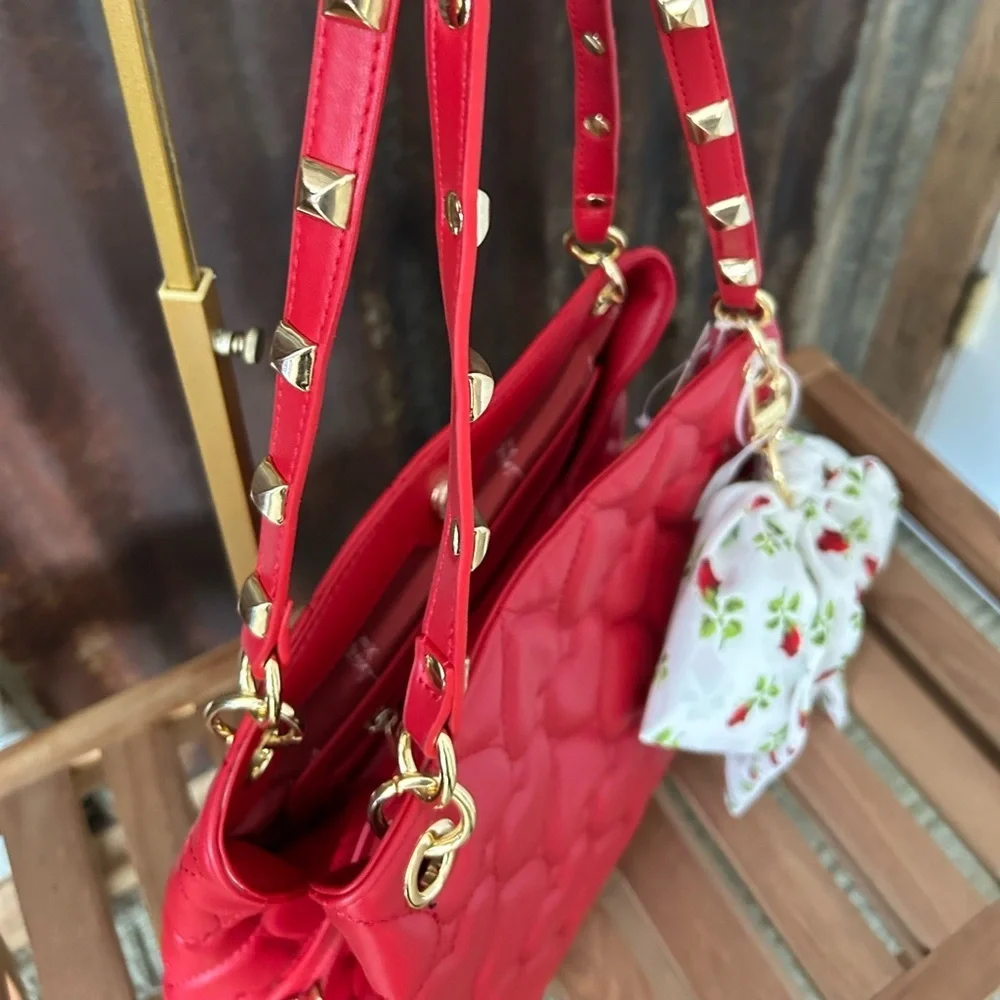 NWT-BESTY JOHNSON Red Quilted Heart Shoulder Bag Studded Straps